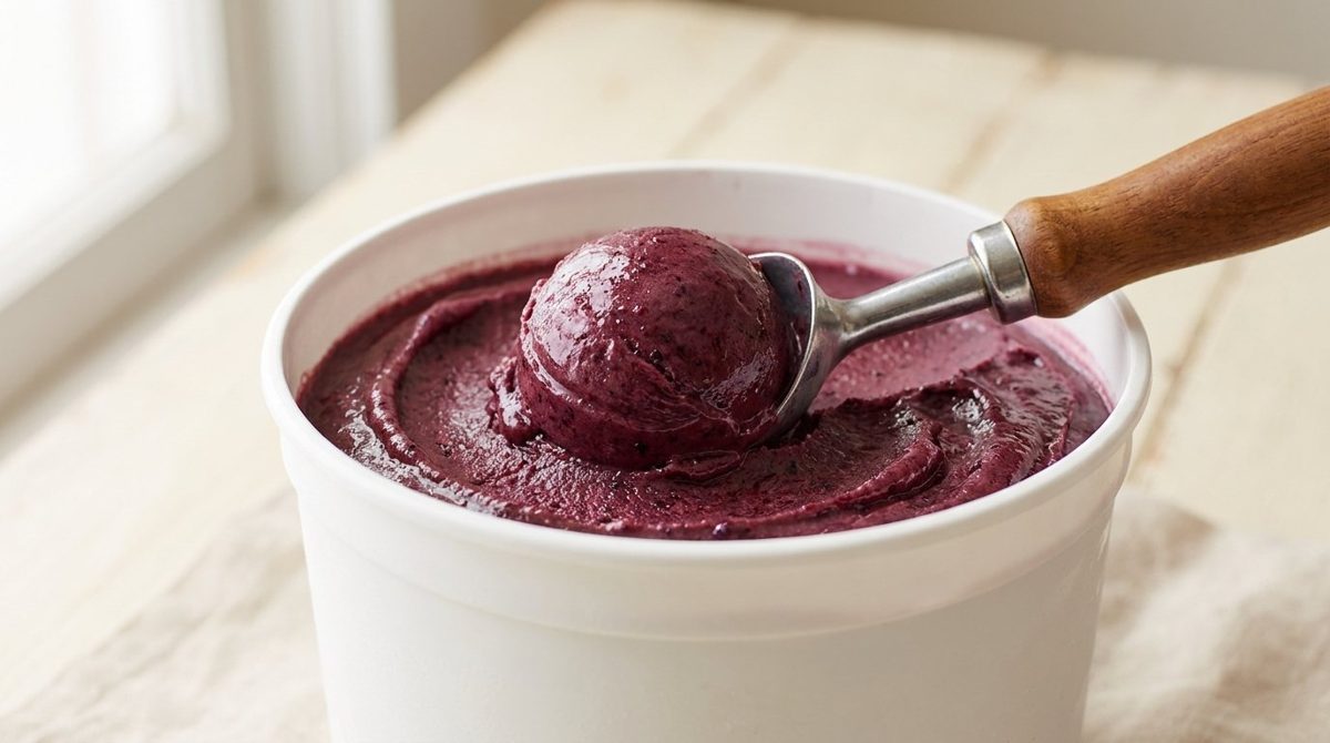 Ready-to-serve açaí sorbet in a foodservice tub with an ice cream scoop